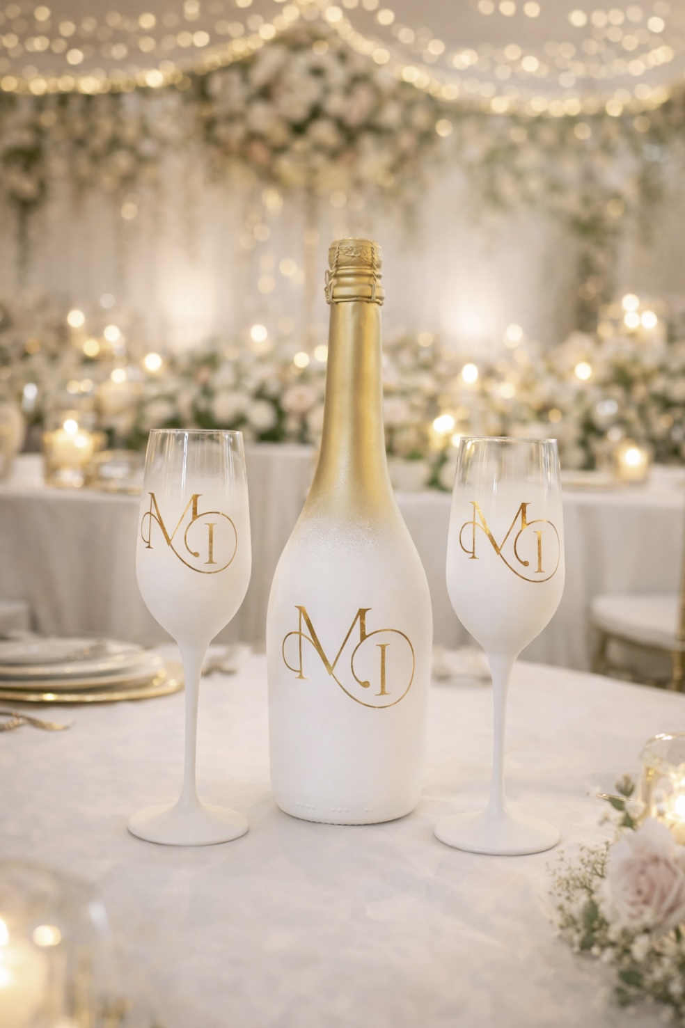 Botella y copas blancas personalizadas con monograma dorado para boda
