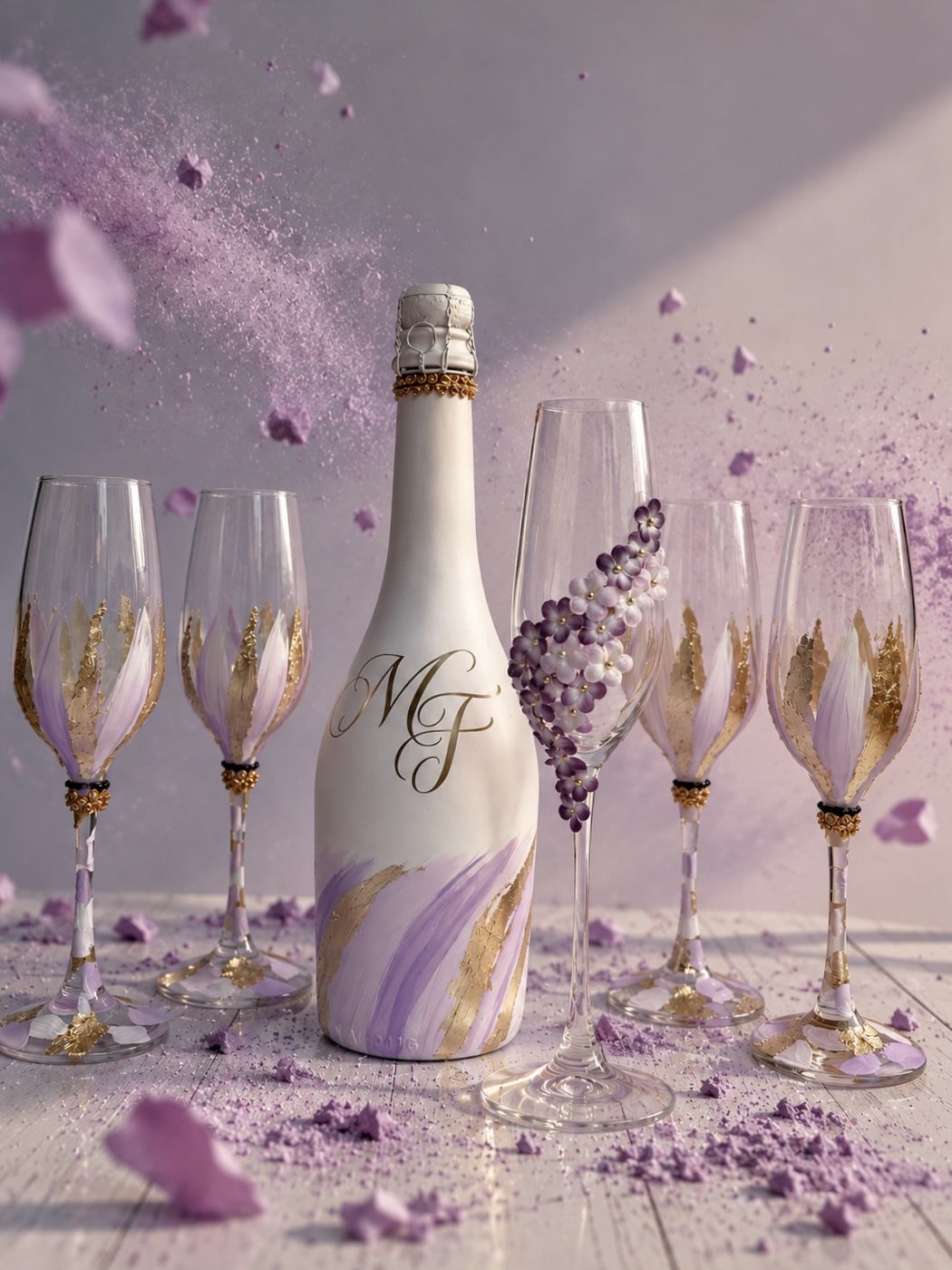 Botella y cinco copas personalizadas en lavanda, blanco y dorado con monograma